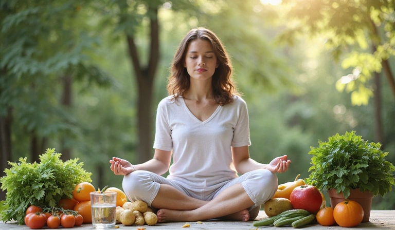 Persona meditando rodeada de vegetales y agua, simbolizando bienestar y nutrición.
