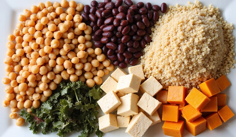 Variedad de legumbres y tofu, representando fuentes de proteína vegana.